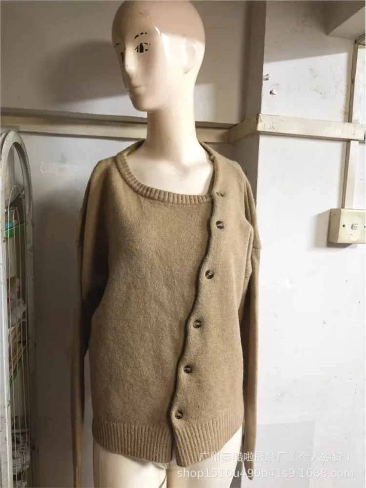 เสื้อคาร์ดิแกนไหมพรมแขนยาวคอโอ ทรงหลวม สไตล์ลำลอง สำหรับผู้หญิง  แบบติดกระดุมเฉียง  สำหรับฤดูใบไม้ร่วงและฤดูหนาว