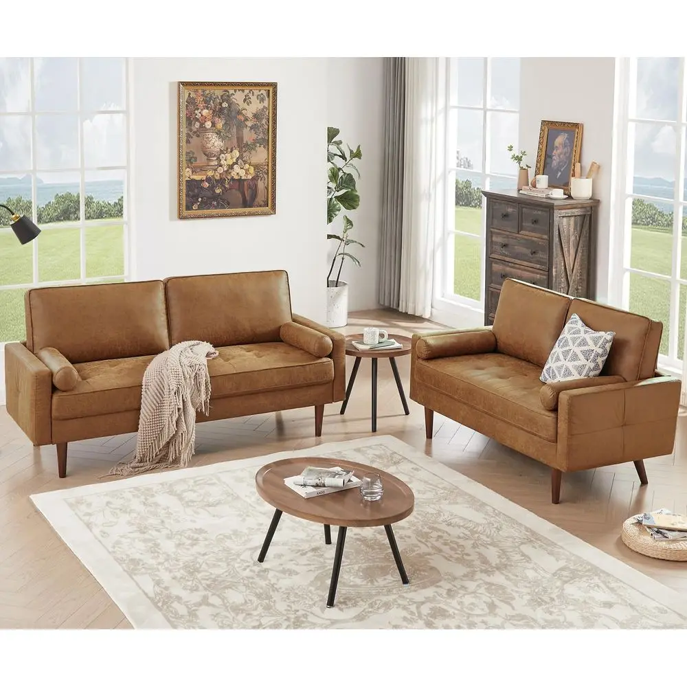 

Sectional Couches Set for Living Room, 68 Mid Century Modern Faux Leather Sofa Couch w Tufted Deep Love Seat amp 2 Pillow, Home