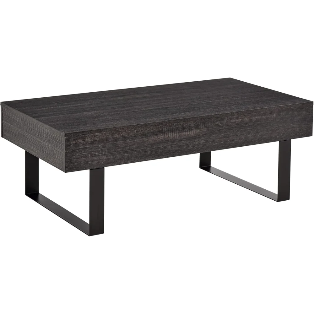 

Dark Grey Mid-Century Modern Coffee Table - Wood Grain Surface Table with Storage Drawer & Metal Sled Legs for Living Room