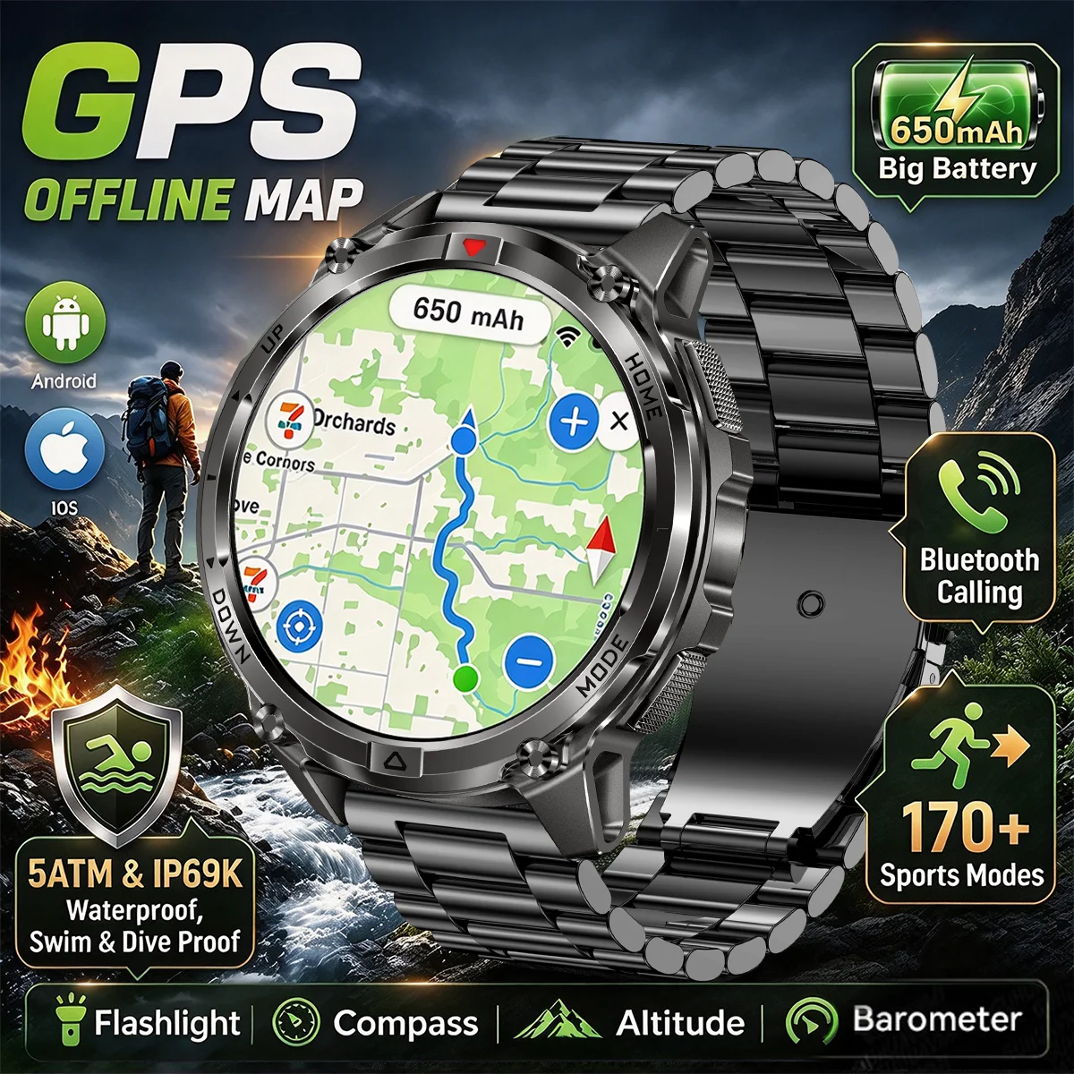 Outdoor T-Rex 3 Military Grade Smart Watch 650mAh Battery Men GPS Compass IP69K Waterproof HD Call 1.46”HD Screen Sports Watch