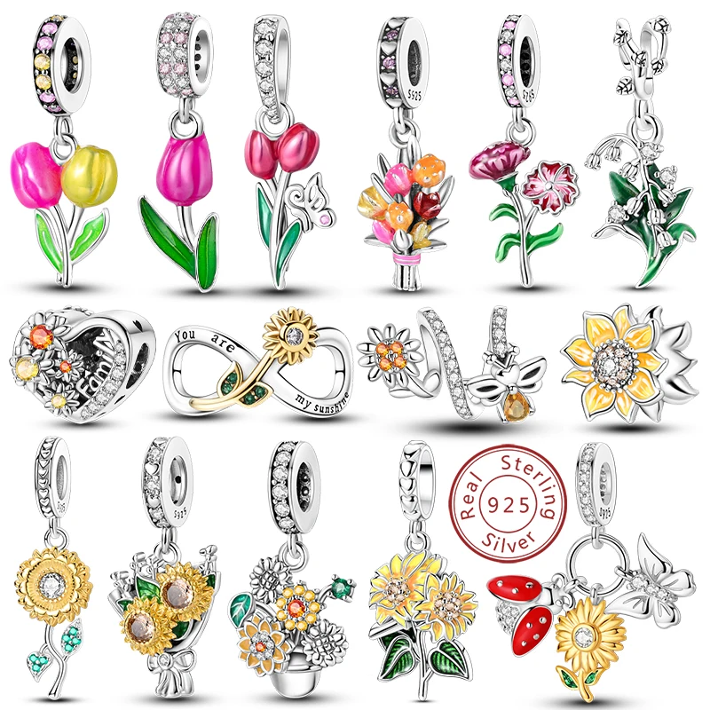 Colgante de cuentas de dijes originales para mujer, de Plata de Ley 925, girasol, tulipán, rosa, clavel, flores, apto para pulsera, regalos de joyería