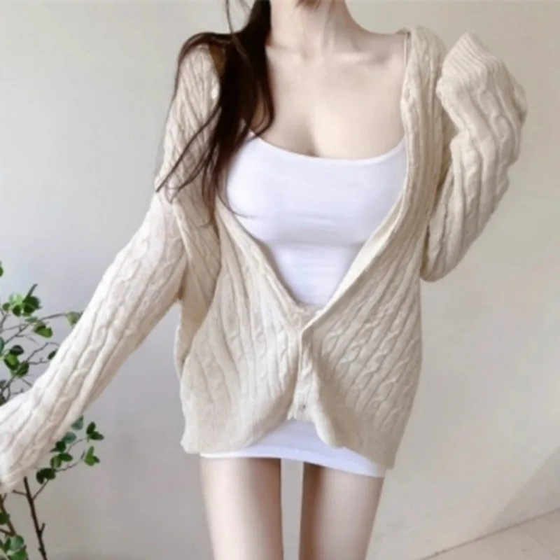 Dongda Gate Autumn Winter New Style Sweet Versatile Loose Medium Length Twisted Knit Open Cardigan Long Sleeve Covering Hip