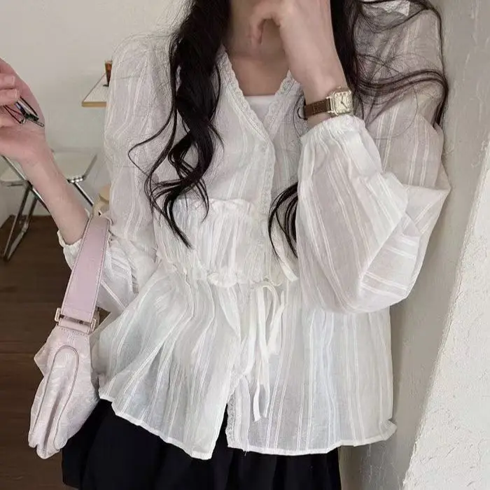 Sweet Tied Pleated Wood Grain  Splicing Top Korean Style Straight Cut Long Sleeve Women's Shirt Chinese Origin