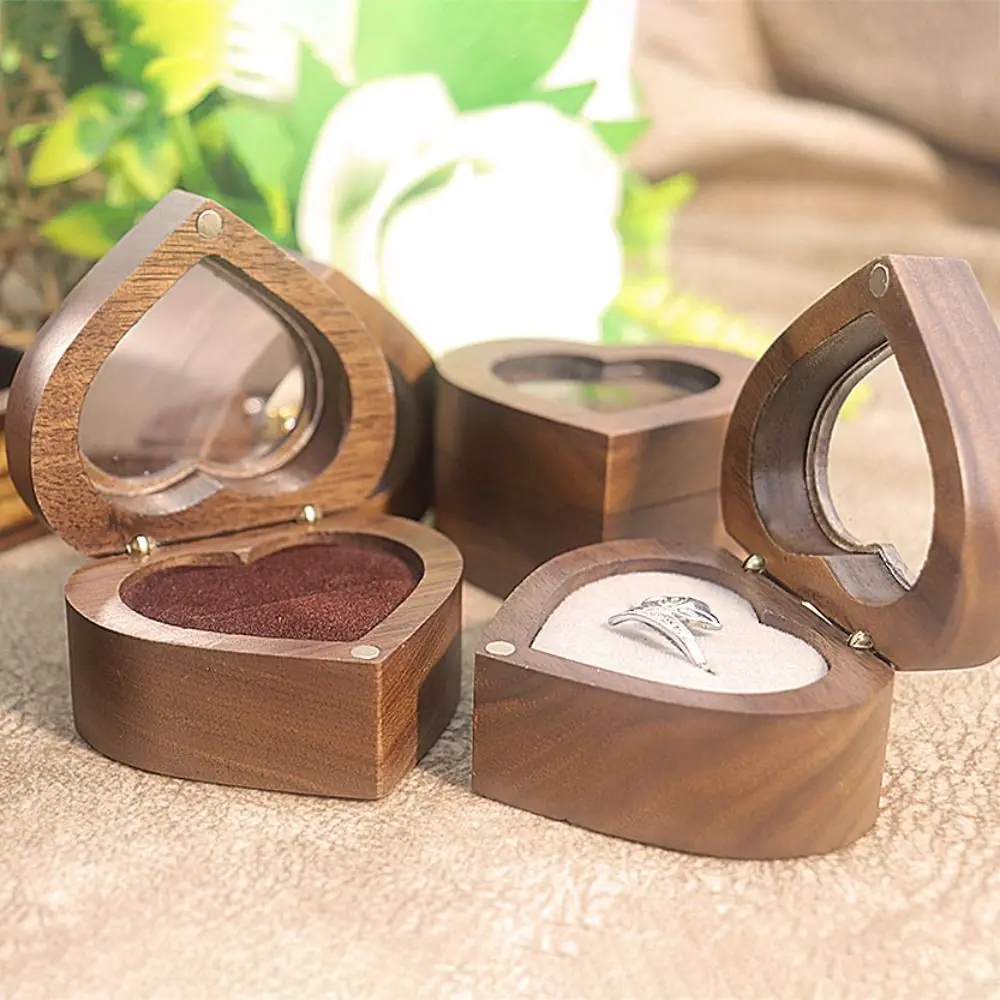 2 Slots Heart Rings Holder Transparent Cover Magnetic Cover Walnut Wood Rings Box Storage Packaging Rings Bearer Box Propose