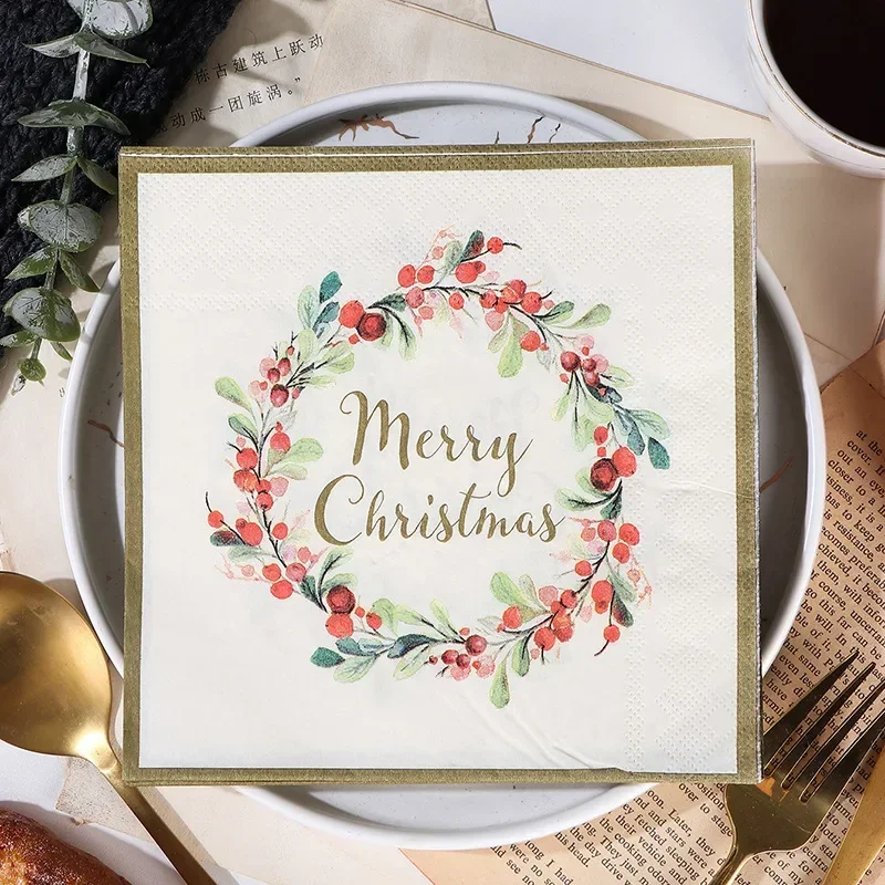 10/20pcs 33*33cm 2-Ply Christmas decorative paper “merry christmas” letters wreaths party paper placemats wholesale Cheap