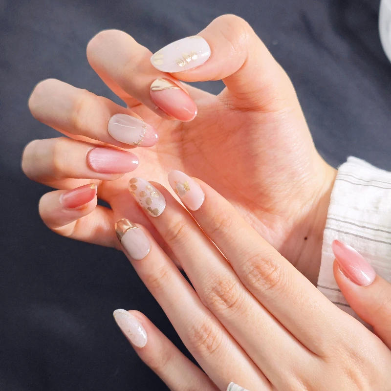 

10PCS Handmade Press on Nails Pink Cat Eye Gold Hand-painted Petal Nail Patch Oval Style Wearable Nail Detachable Fake Nail