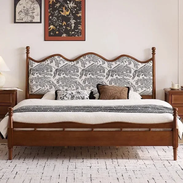 French solid wood soft bag bed retro cream style 1.8m designer double bed bedroom furniture medium antique wedding bed