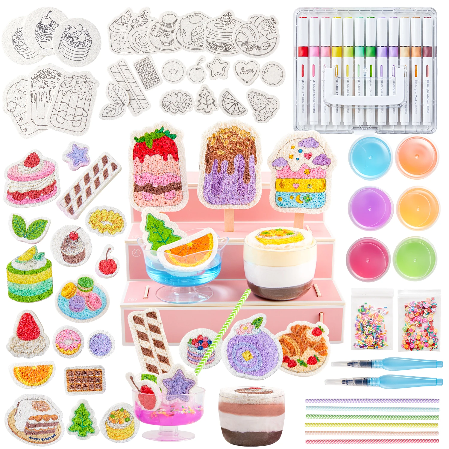 Shuttle Art 105 Pcs Magic Foam Texture Painting Kit Dessert Series: 24 Dessert Foam Pieces, Slime, Clay, Pastry Display Case, 12 Acrylic Paint Markers, Magical 3D Effect DIY Art for Kids
