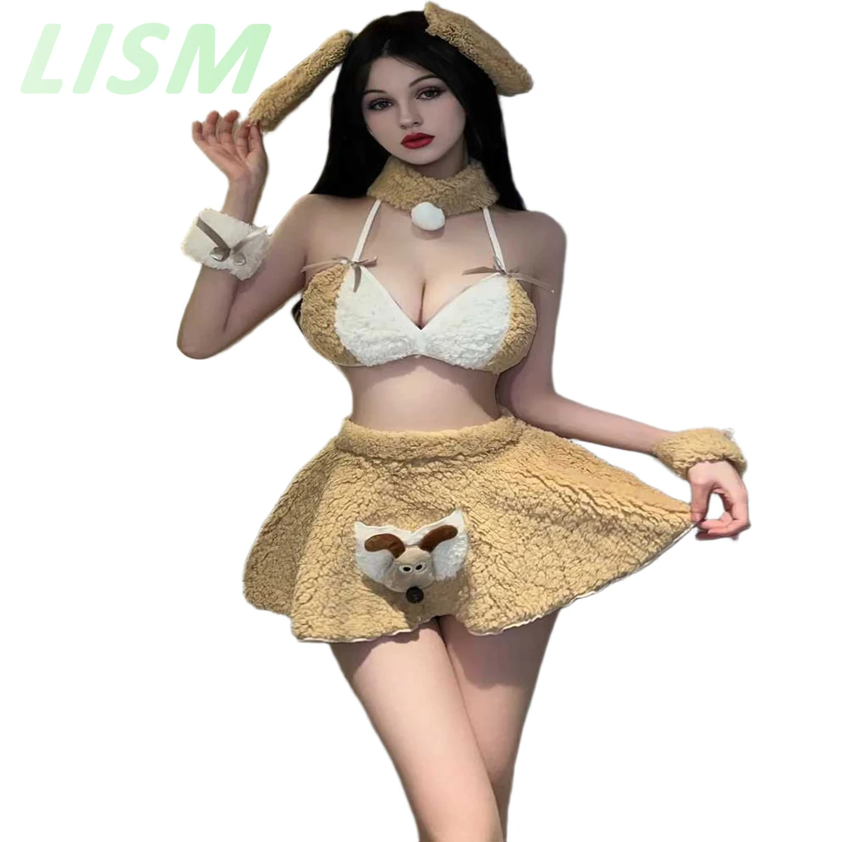 

Women's Cute Dog Plush Lingerie Set Halter Neck Bralette Skirt Headband Choker and Wrist Cuffs Sweet Animal Role Play Outfit