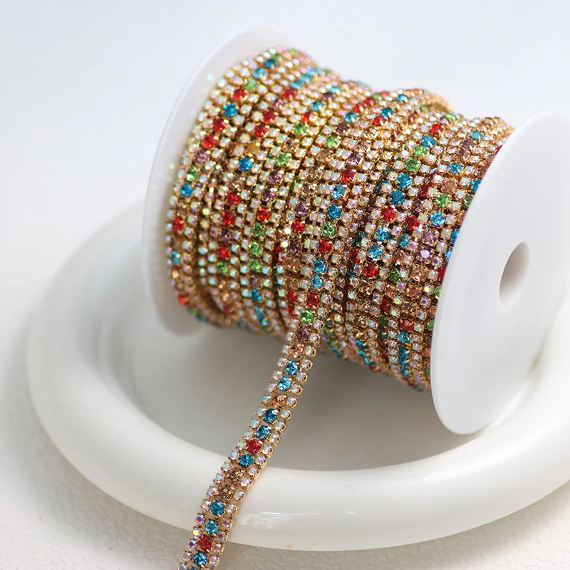 Wholesale 10 yards Mix Color 3 Rows Rhinestone Cup Chain Sew on Rhinestone Trim Ribbon For DIY Party Dress Shoes Decoration