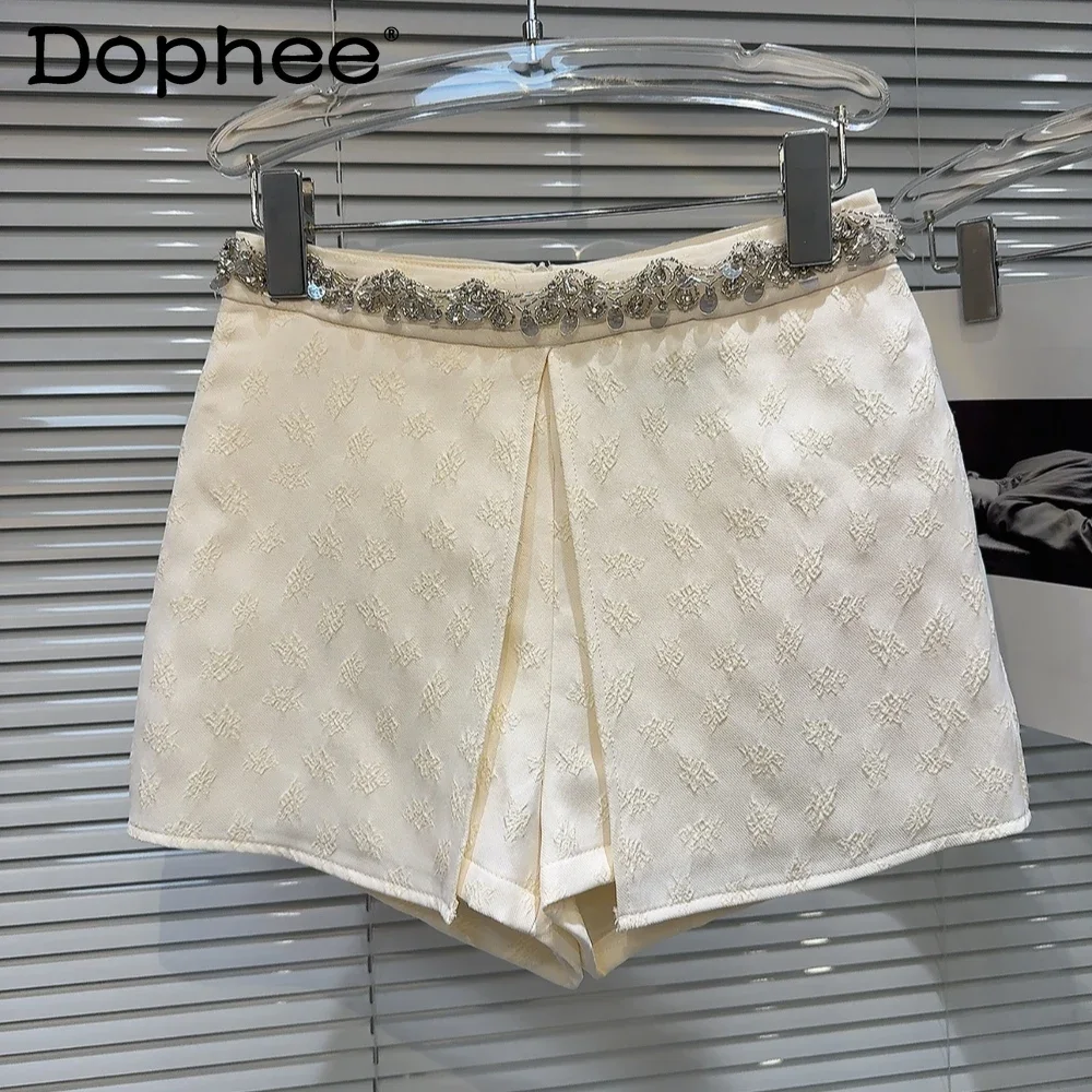 Rhinestone Beaded Waist Chained Jacquard Fabric Shorts Female 2024 Autumn New High Waist Apricot Skirt Shorts Womens Clothing