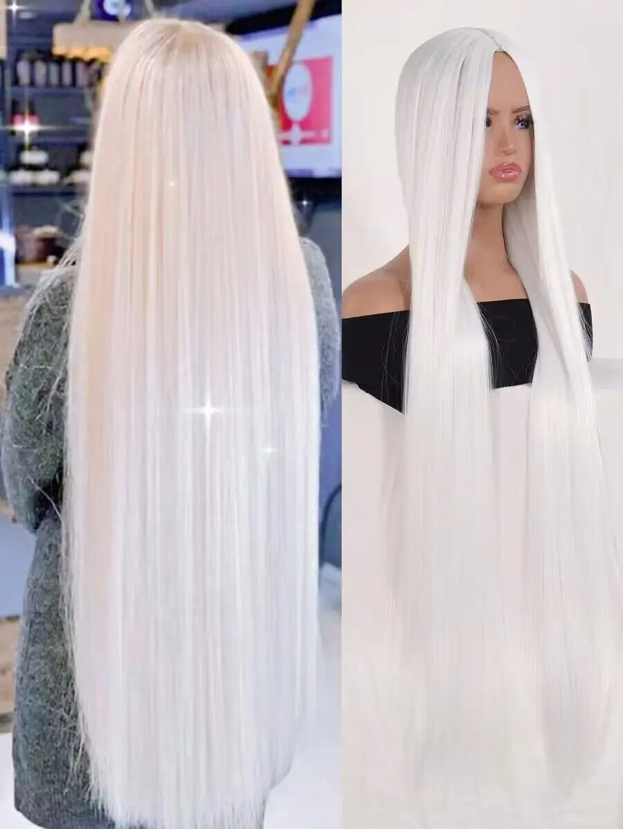 

100 см супер длинный белый прямой парик из натуральных волос для женщин Синтетические термостойкие парики для девочек для ежедневного использования на вечеринке