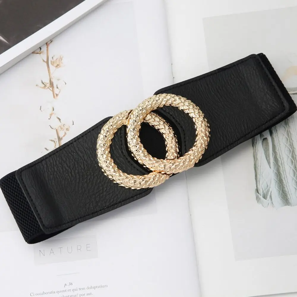 Vintage Casual Elastic Leather Waistband Luxury Wide Belts Gold Buckle Corset Band Stretch Cummerbunds