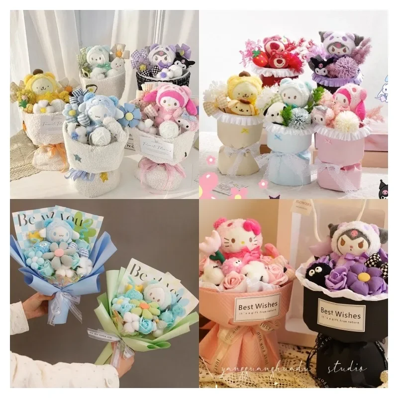 

Anime Girls Doll Bouquet Kawaii Sanrios Cinnamoroll Hellokittys Kuromi My Melody Pochacco Children Plush Toy Flower Kids Gift