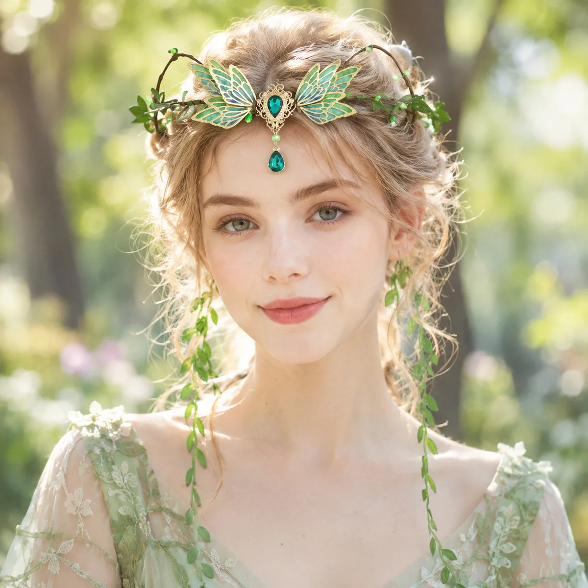 Green Forest Fairy Hair Crown with Crystal Forehead Chain,Elf Headpiece with Long Tassel Headband,Woodland Princess Floral Tiara
