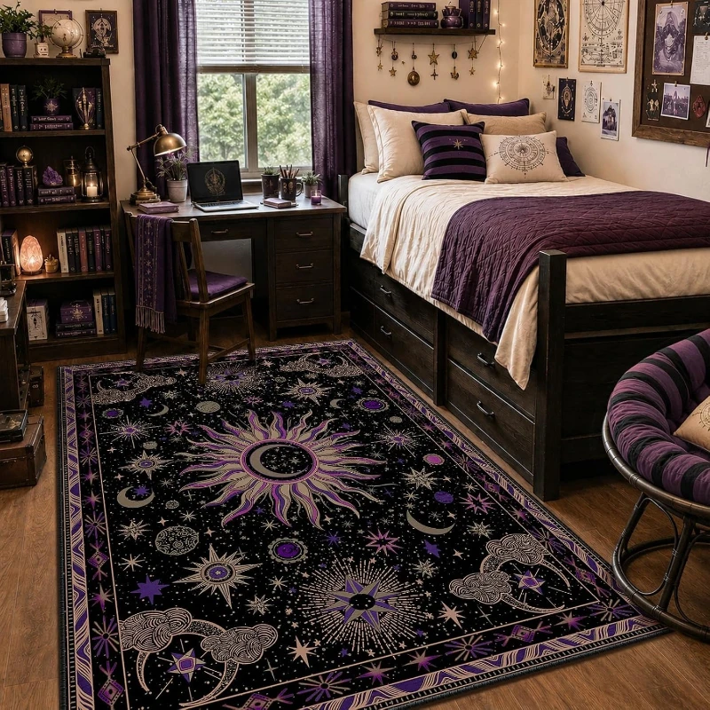 Shining Sun Stars Galaxy Living Room Carpet Large Area Sofa Rugoldable Machine Washable Bedroom Bedside Non-slip Soft Floor Mat