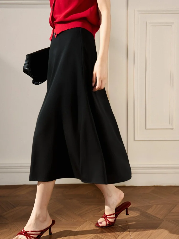 Birdtree, Wool Blended Black Skirt, Bias-cut, Women's Casual Solid Chic Commuting Skirts, Side Zipper, 2026 Autumn New D67031JF