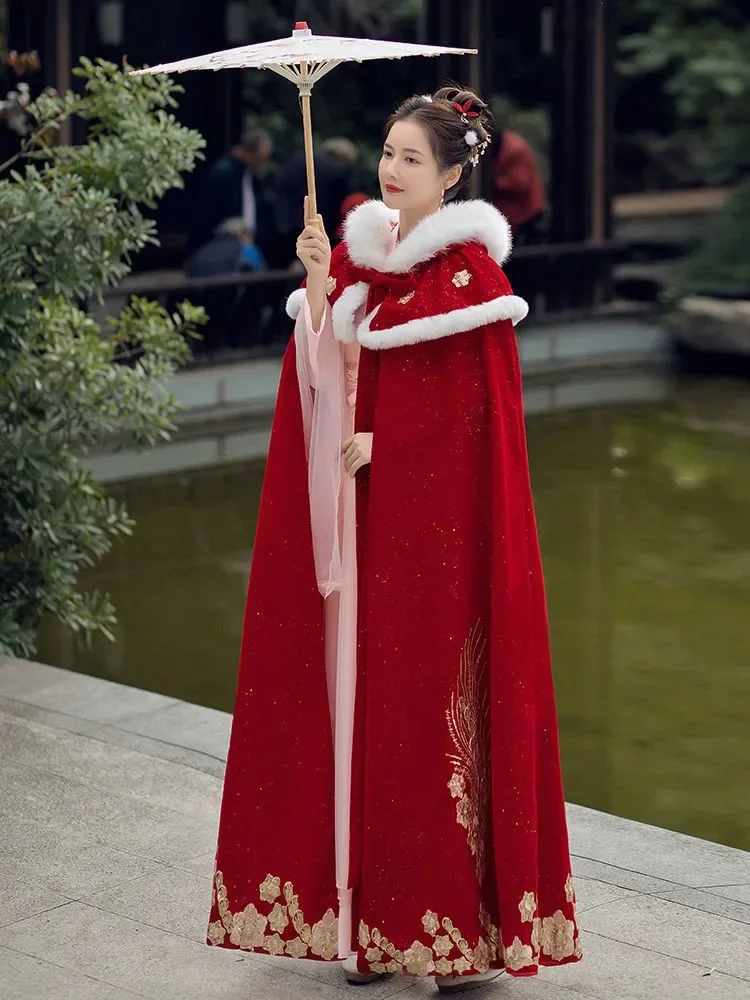 

Cape Hanfu women's winter red cape long antique cape with velvet thickened warm