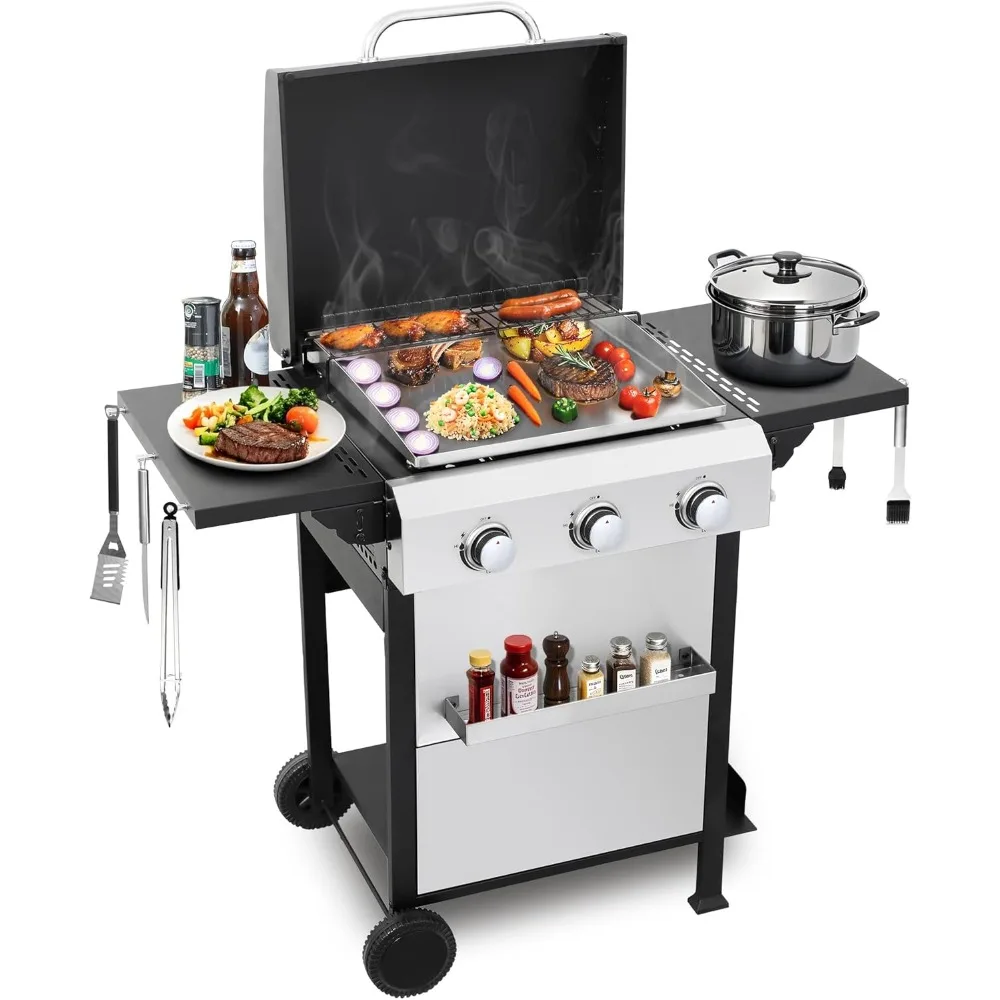 

Газовый гриль с пропаном и плоской вершиной, комбинированная сковорода из нержавеющей стали со складным боковым столиком, уличный гриль для барбекю 36,900 БТЕ, фарфор