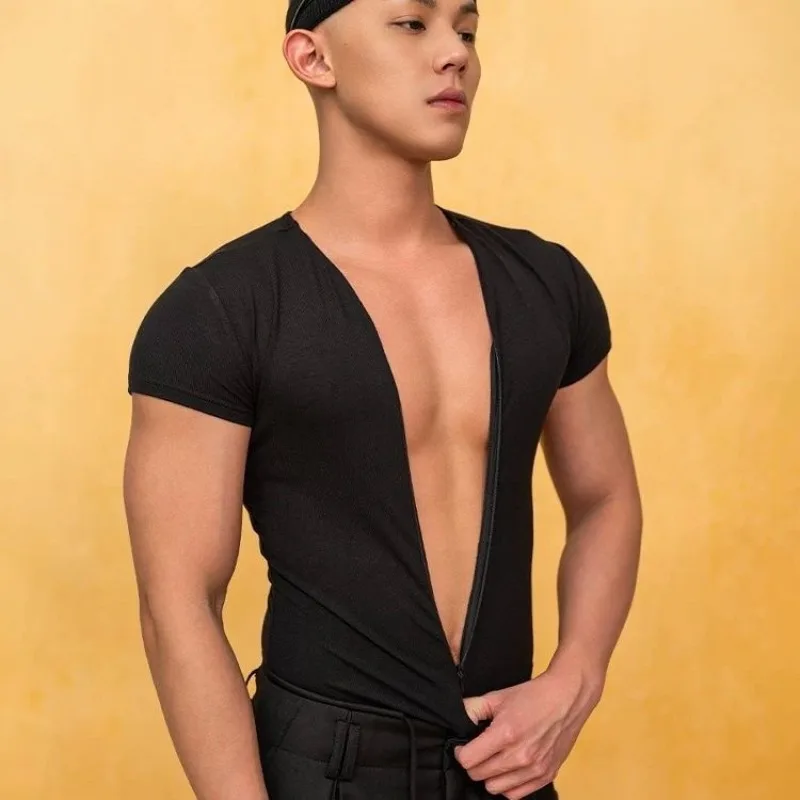 Men's Summer Black Slim Fit Zipper Deep V Neck Short Sleeve T Shirt Casual Trendy Undershirt Stretchy Athletic Gym Workout