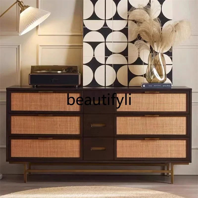 

wabi-sandy wind solid wood braided rattan six-bucket cabinet, French retro home entrance cabinet, living room lockerAsmt5203