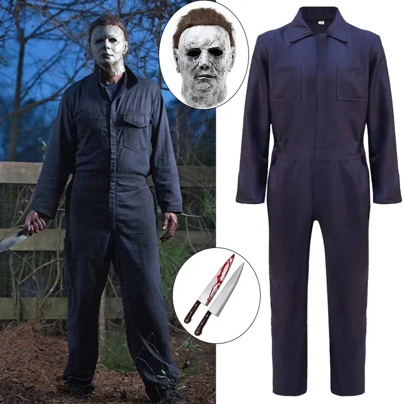 Monos de Cosplay de Michael Myers para hombre, traje de Halloween de lejía, mono, máscara, cuchillo, traje de Carnaval de Halloween, ropa