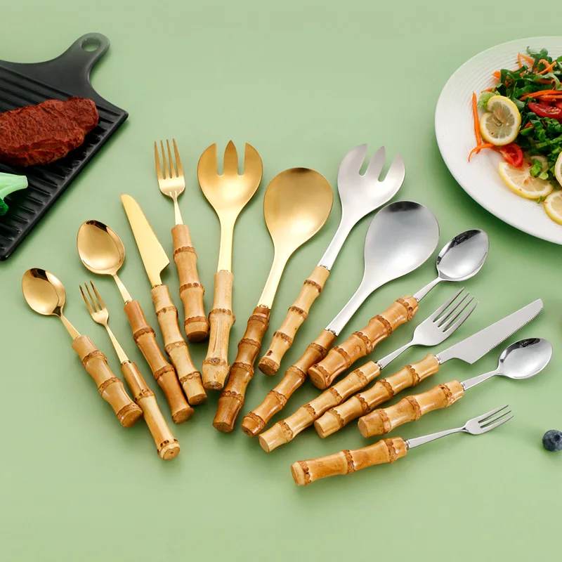 

7-piece Set Bamboo Handle Mirror Stainless Steel Dinnerware with Knife Fork Spoon Flatware Kitchen Tableware Western Cutlery