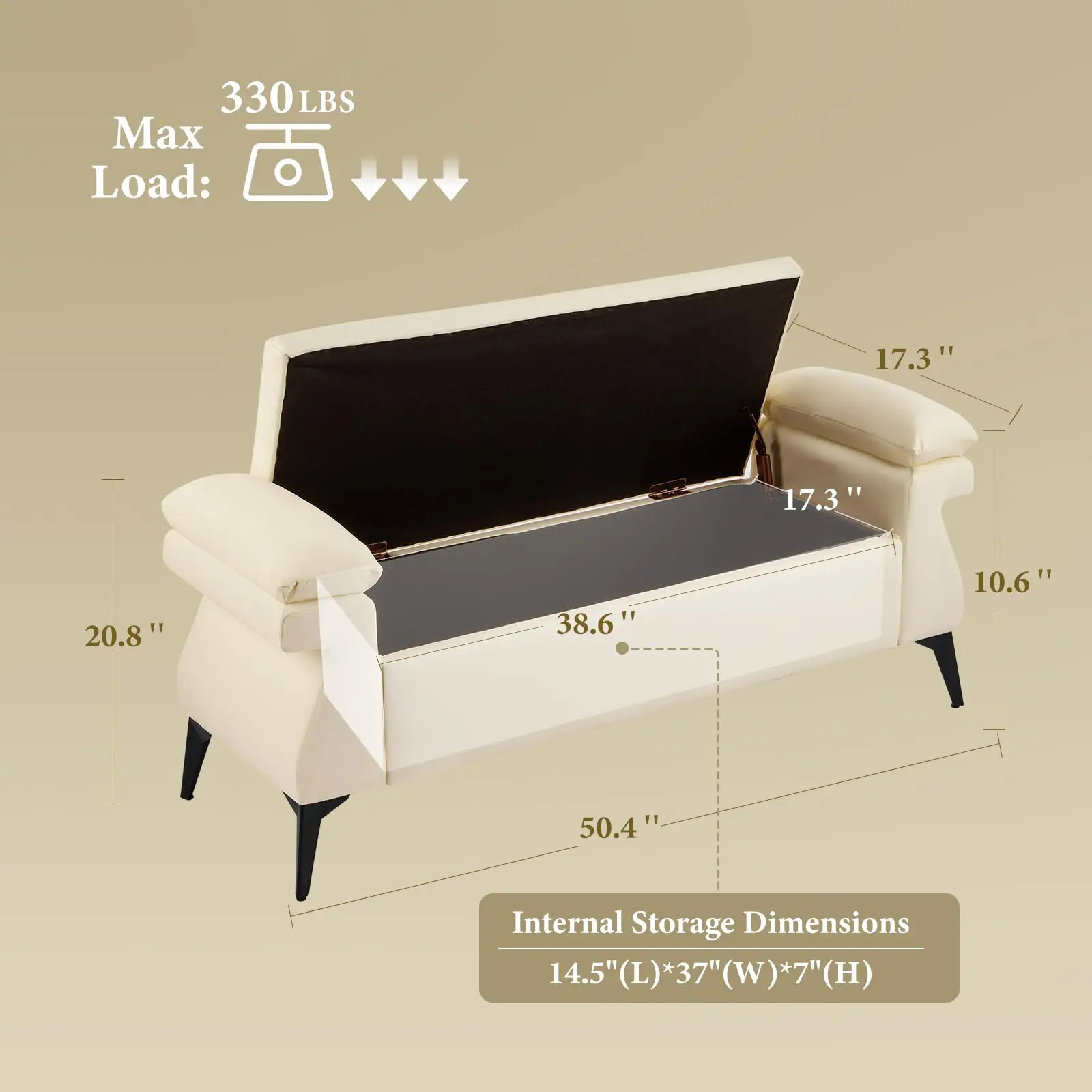 51”Leather Bench with Storage, Upholstered End of Bed Bench with Armrest Cushion, Storage Ottoman Bench for Bedroom