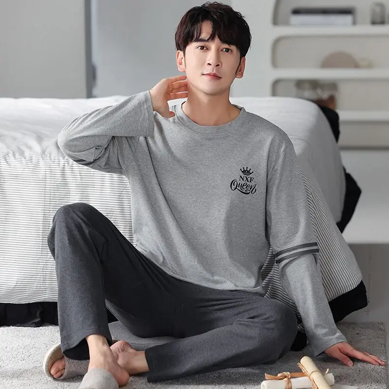 2026Spring Plus Size Long Sleeve Cotton Pajama Sets for Men Korean Loose Sleepwear Pyjama Male Loungewear Homewear Home Clothes