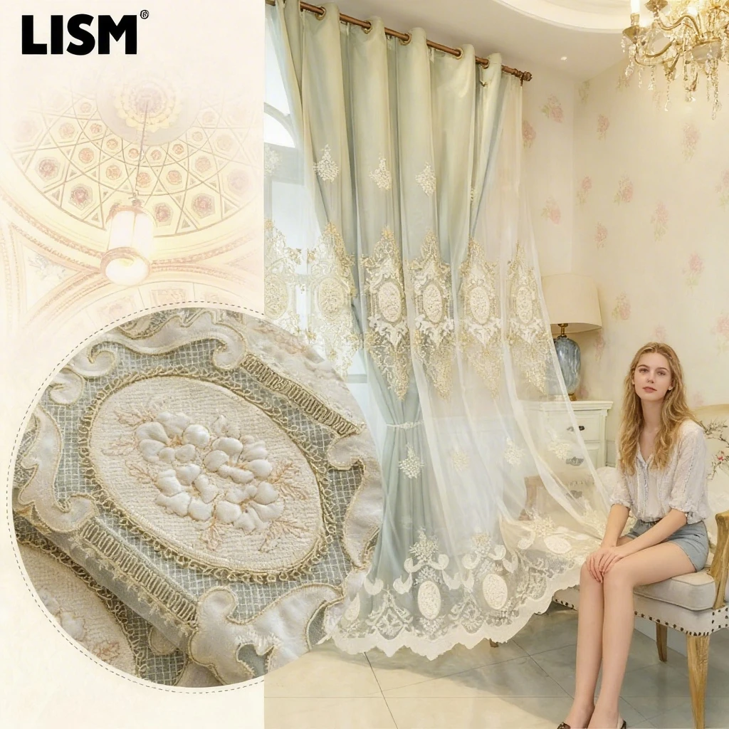 

Simple European Full Blackout Double-layer Curtain Cloth Gauze Integrated Modern Living Room Bedroom Embroidered Tulle Custom