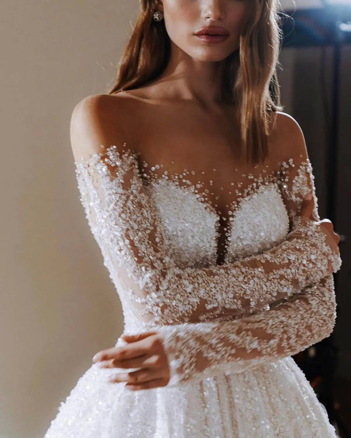 Sprankelende trouwjurken A-lijn strapless lovertjes lange mouwen kapel trein elegante bruid vestido de noiva op maat gemaakt