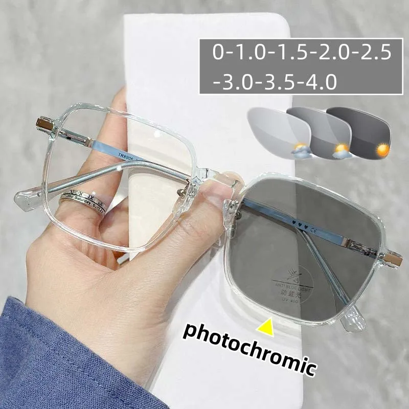 

Square Frame Blue Light Blocking Photochromic Myopia Glasses Short Sighted Oversized Eyeglasses Color Changing Eyewear for Women