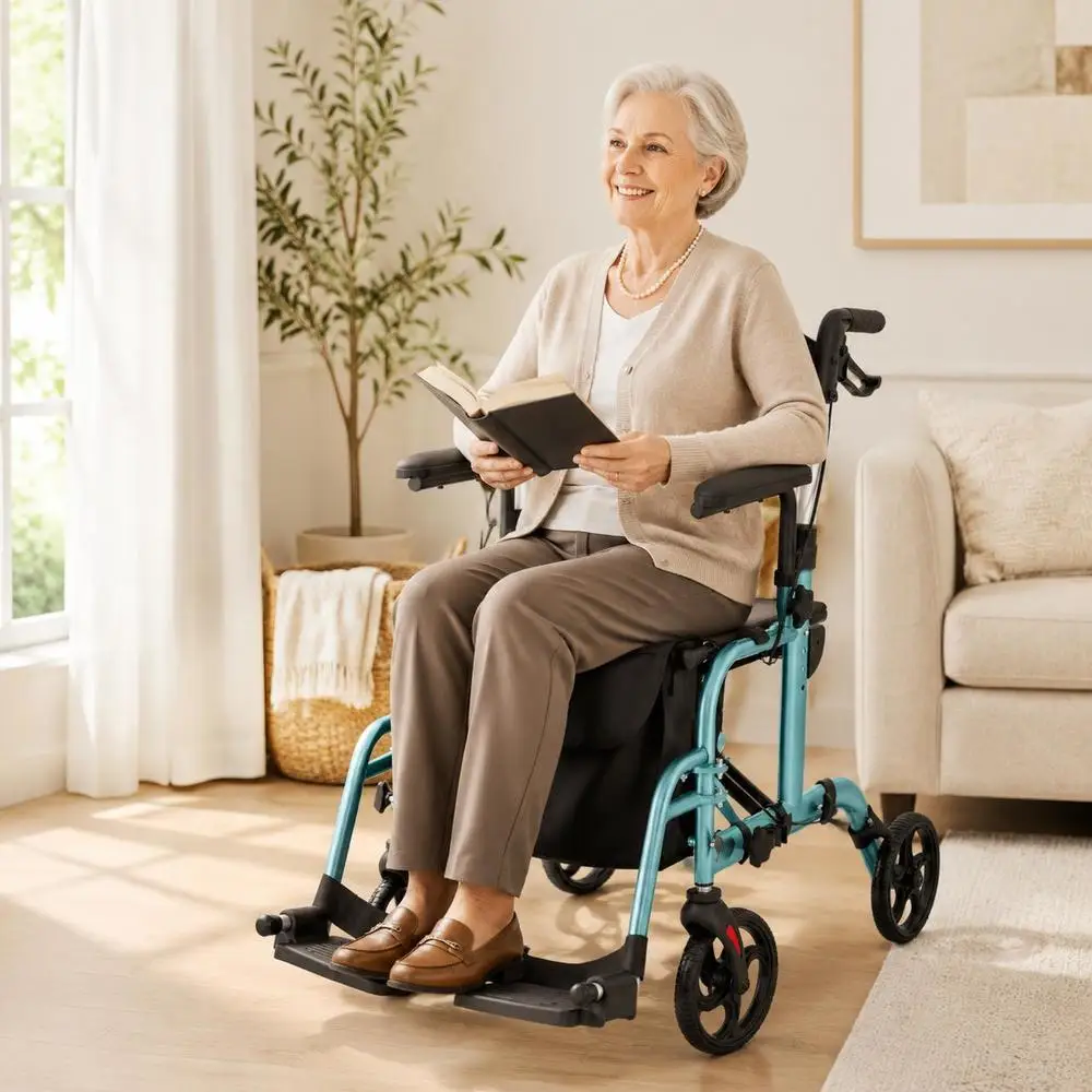 Déambulateur pliant avec siège et roues, supporte jusqu'à 300 lb - Bleu marine