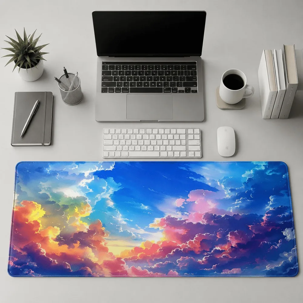 Colorful sunset cloud sky print, suitable for keyboard and mouse pads on office, as well as accessories for laptop work areas.