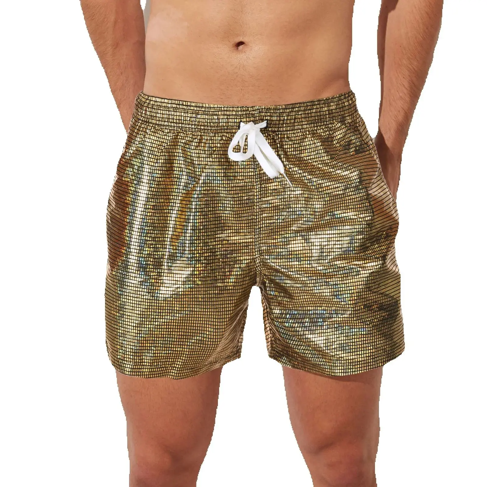 Men's Sequins Casual Loose Shorts Pocket Shiny Nightclub Dancing Long Boxers Club Outfit Men Reflective Colorful Lingerie