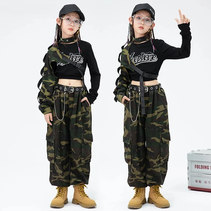 Conjunto de ropa de camuflaje para niñas, Top corto de Hip Hop, pantalones Cargo, ropa de calle militar, de baile callejero Joggers, disfraz genial de Jazz