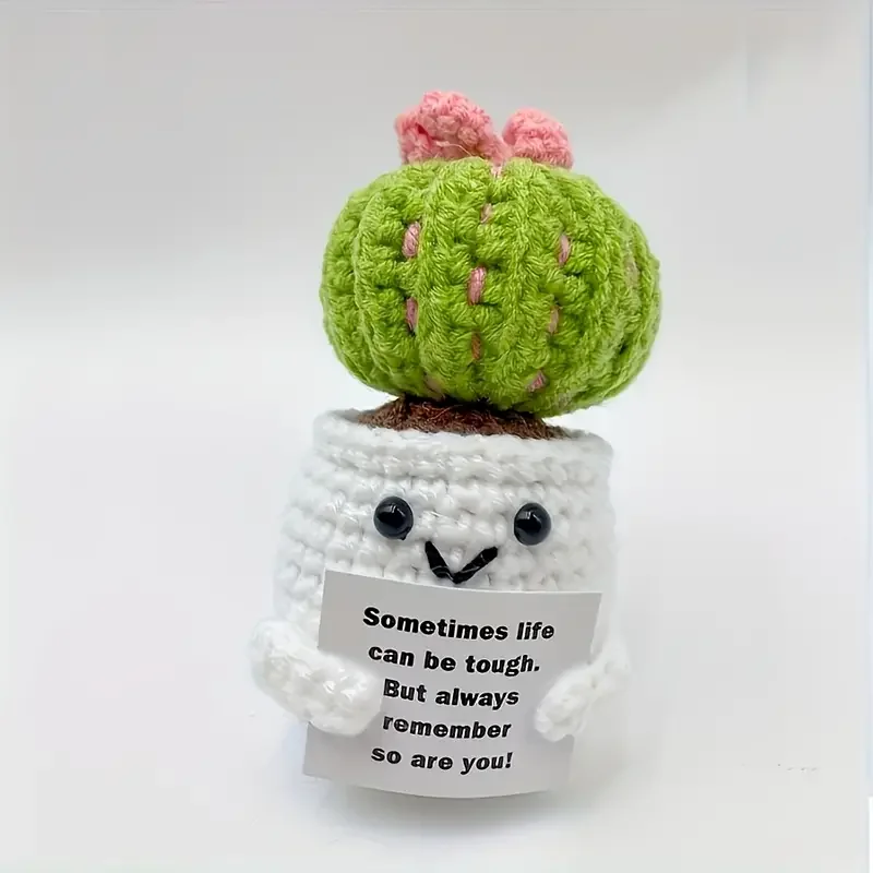 Crochet Mini Cactus Flower Hand Woven Succulent Plant Woolen Yarn Adorable Knitted Positive Vibes Companion  Inspirational Card