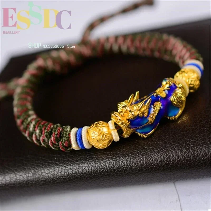 Fashion Men's Change Color Pixiu Charm  Bring Wealth Army Fan Outdoor Copper Handmade Lucky Rope Chain Bracelet Dropship view 3