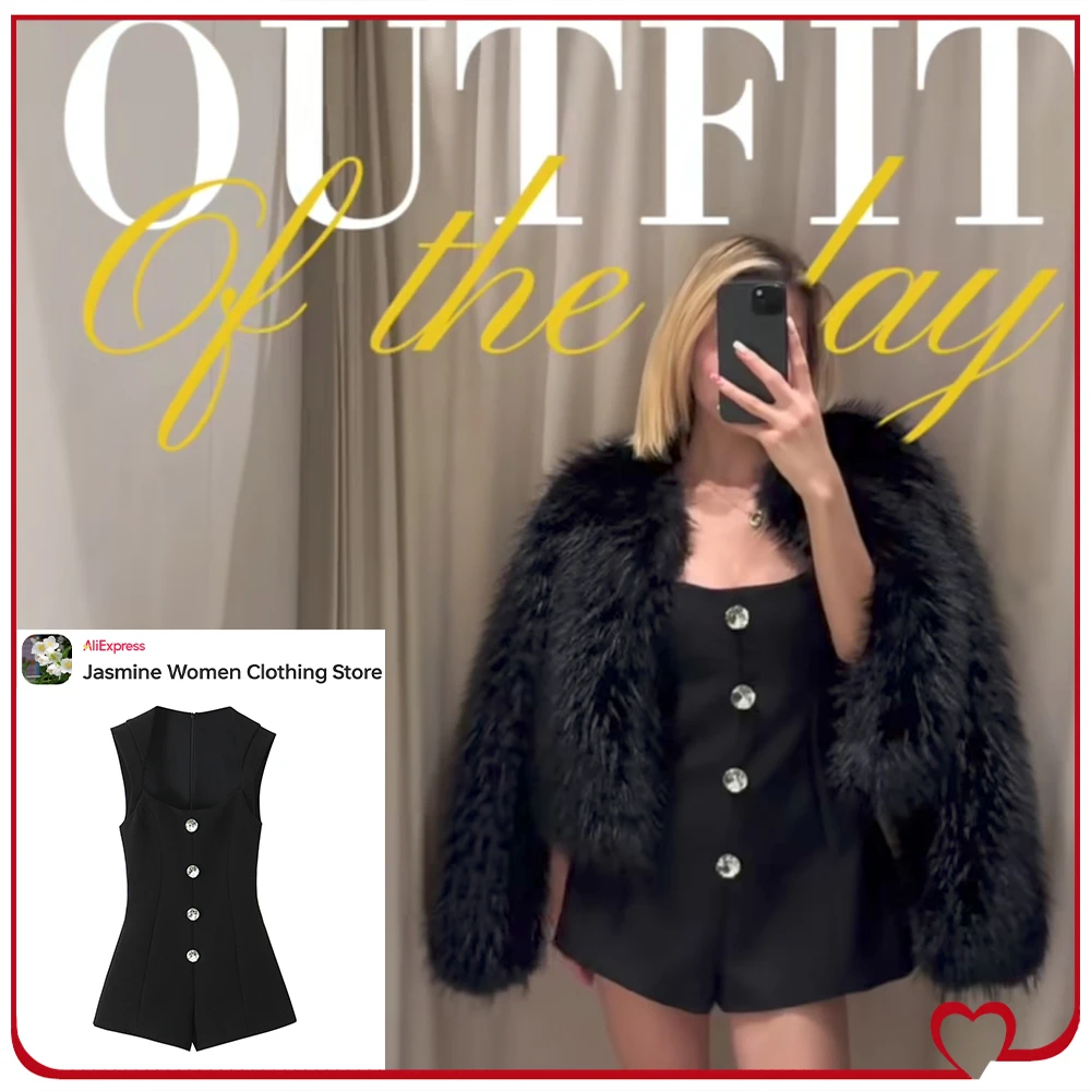 

Women Gorgeous Jewel Button Short Jumpsuit Elegant Chic Black Round Neck Very Short-sleeve Rompers with Contrasting Jewel Button