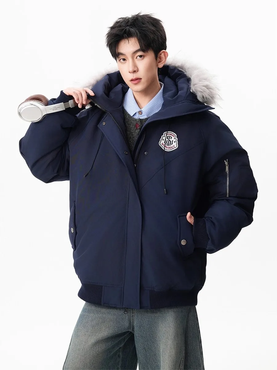 

American Sle Detachable Fur Collar Parka Cotton Jaet Men Winter Thi Warm Hooded Casual Loose Fit Polyester Filling