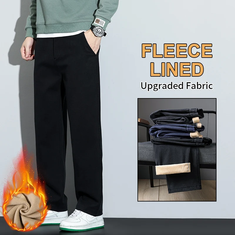 جينز رجالي من Lyocell مستقيم الساق فضفاض بخصر مطاطي موضة خريف وشتاء 2025 سروال طويل مبطن بالصوف الدافئ مقاس كبير 5XL