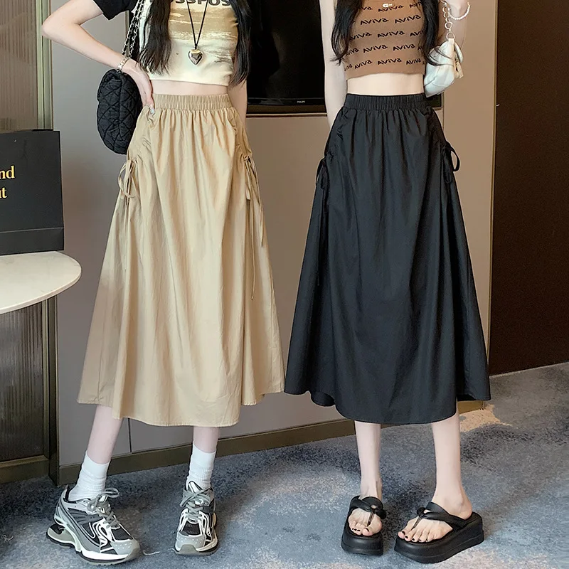 Women's Pure Color Skirt New Style in Spring Elastic Waist Lace-up with Drawstring Pockets for Petite Girls Workwear A-line Skir