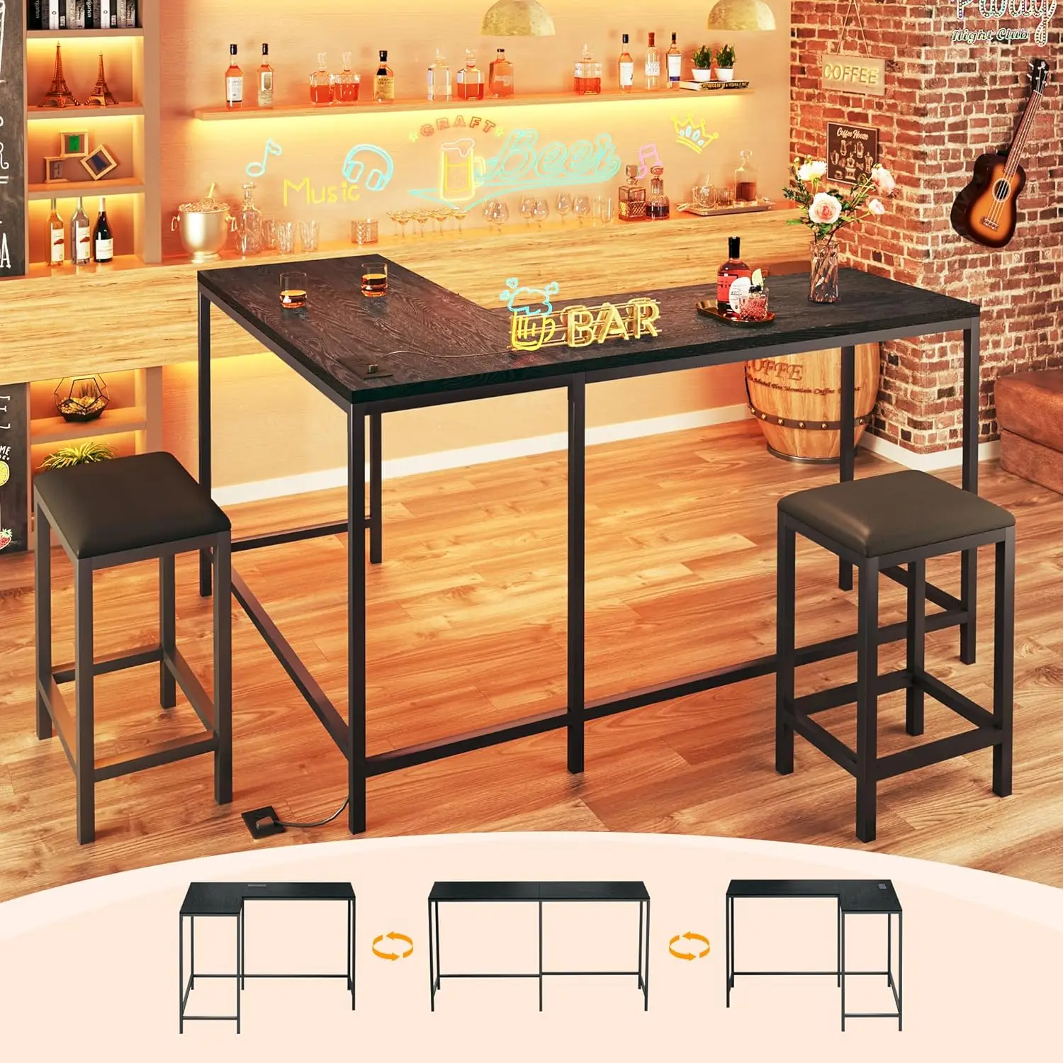 Bar Table and Chairs Set for 2-4, 63'' Convertible L-Shaped Kitchen Table with Power Outlets, 3 Piece Counter, Customized