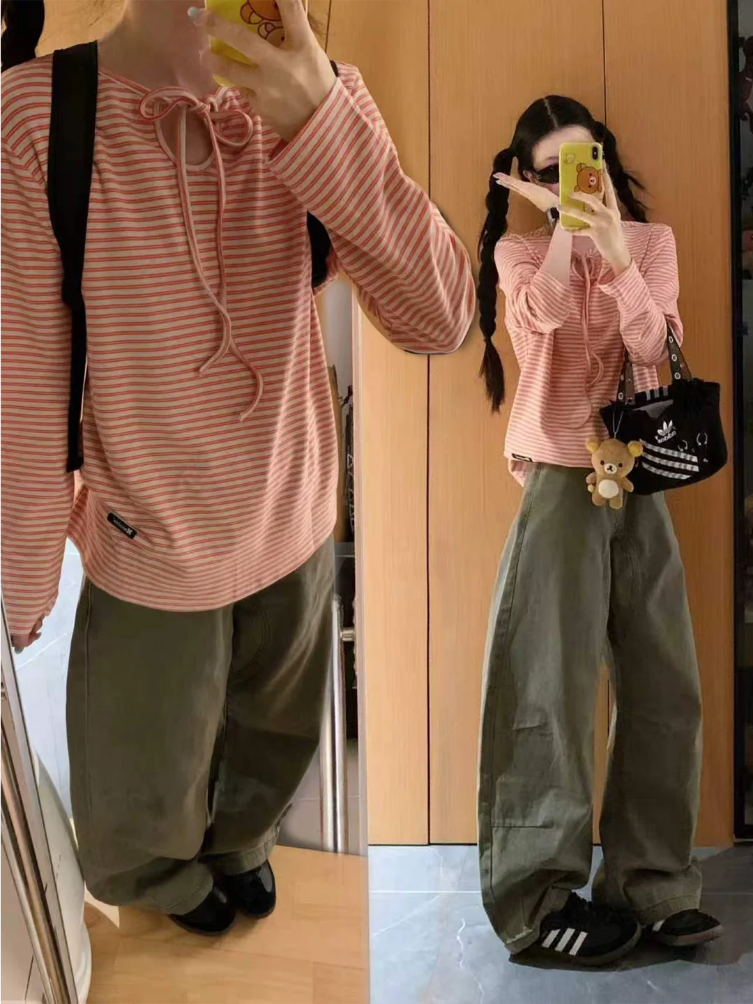 Loose Long Sleeve T-Shirt Women's Korean Style Striped Belted Casual Top Two-Way Wear Autumn New Style Comfortable Loose Fit