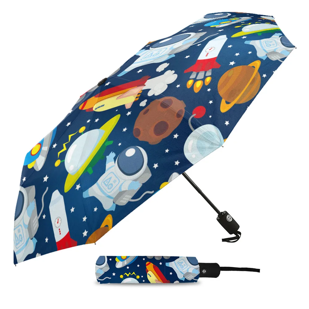 Space Rocket Alien Flying Saucer Cosmic Custom Automatic Umbrellas for Women Male Windproof Folding Rain Umbrella Parasol