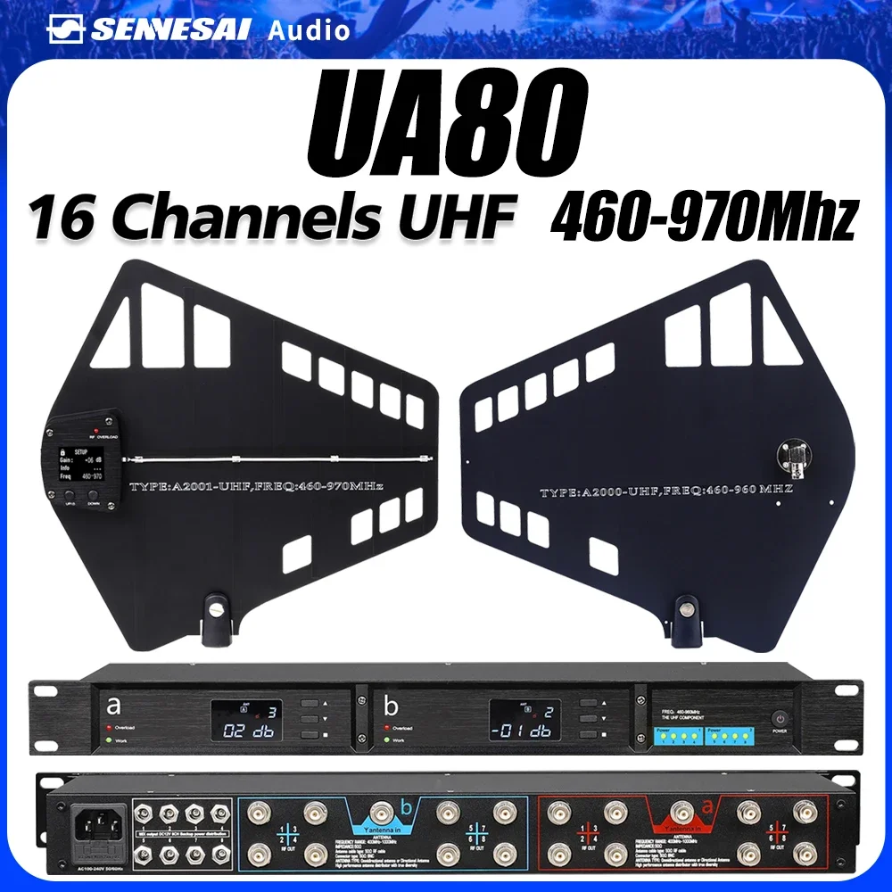 UA80 UHF Antenna Distributor System 460-970MHz RF Signal Booster Directional BNC-BNC Coaxial Cables 16 Channels For Wireless Mic