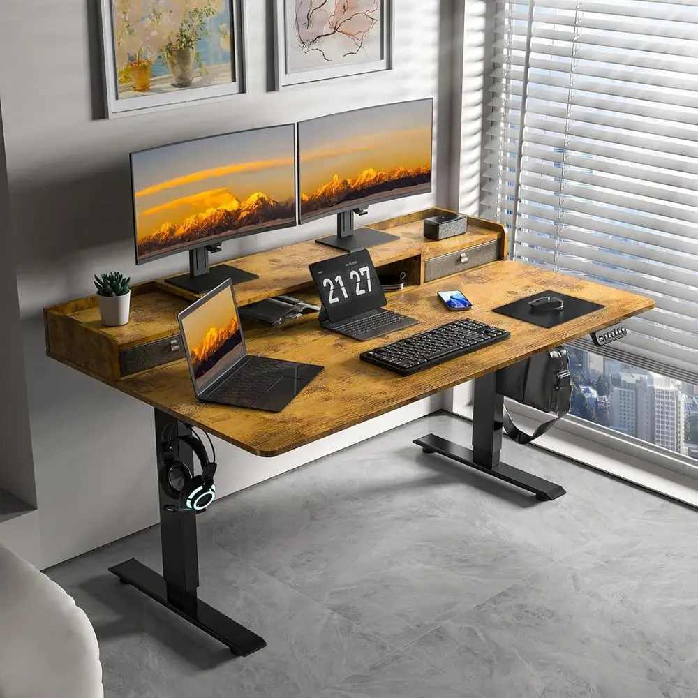 Ergonomic 63 x 30 Sit-Stand Desk with Storage, Adjustable Height, Rustic Brown