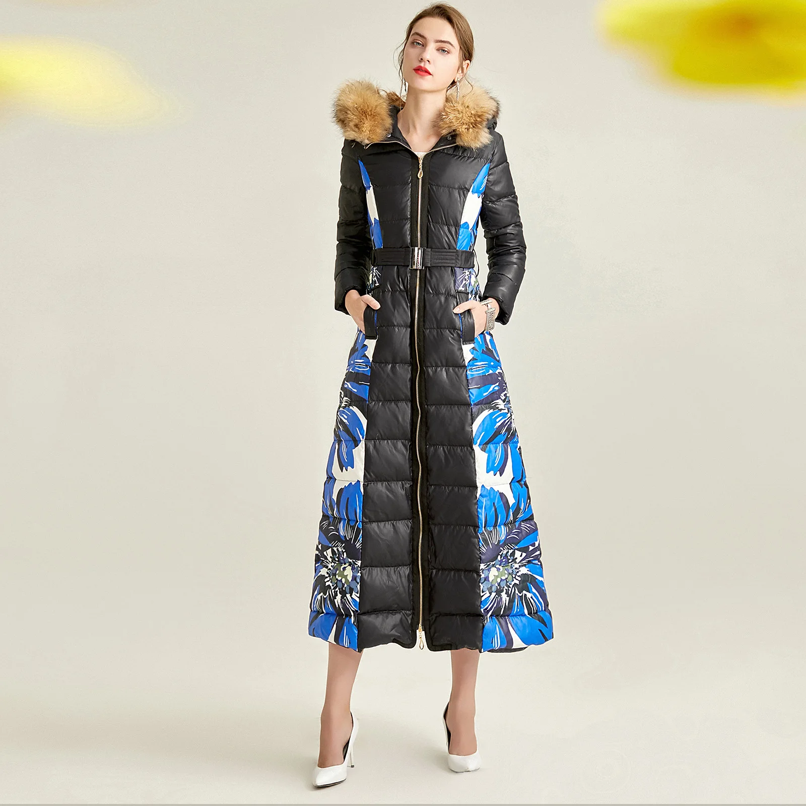 

Women Winter Fur Hooded Parkas Patchwork Adjustable Waist Zipper Winter Jacquard Jacket Space Cotton Floral Thick Pockets Coat