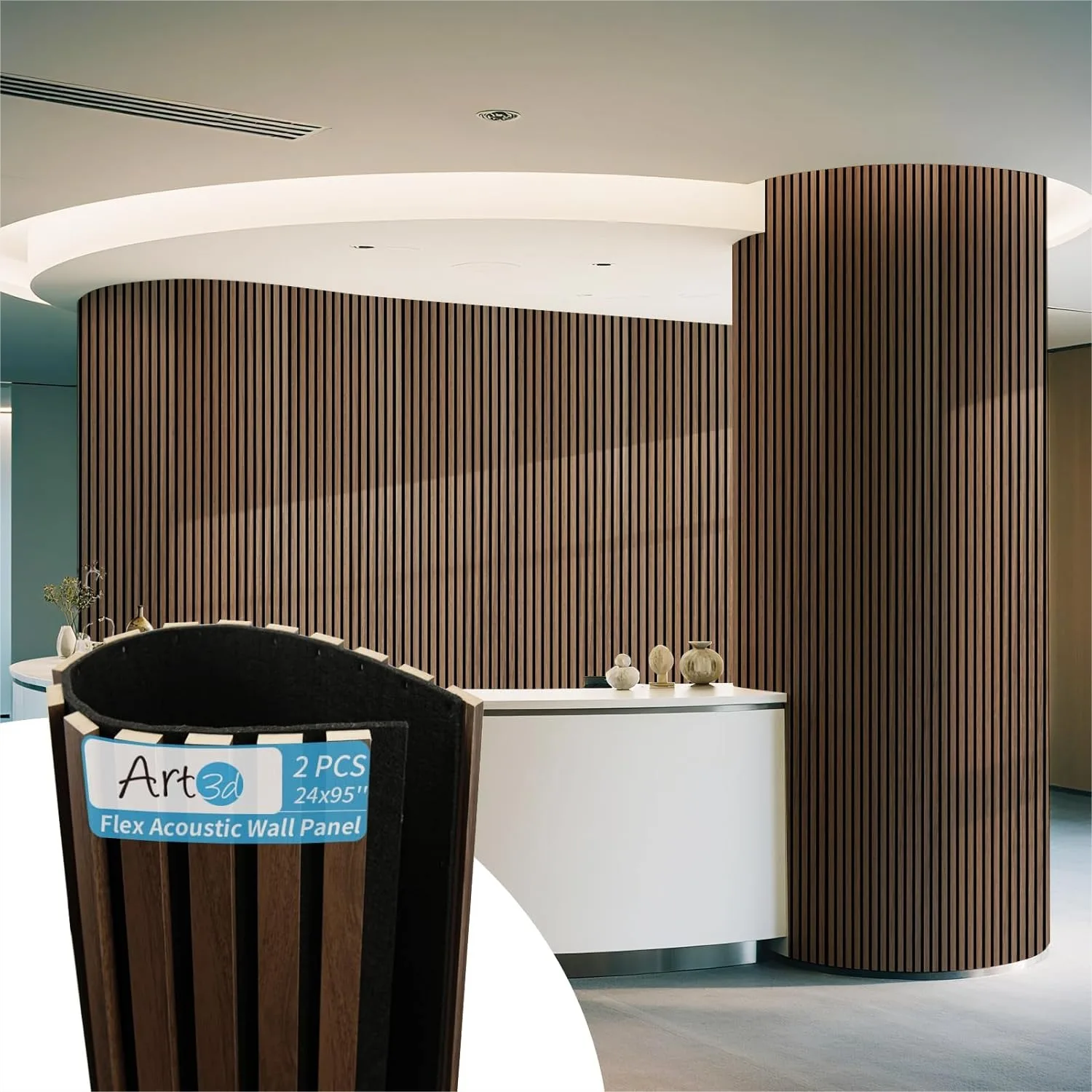 

Acoustic Wood Slat Wall Panels 2-Pack with Roll-Flat Design for Sound Absorbing Living Room Column Curved Wall Decor, Walnut