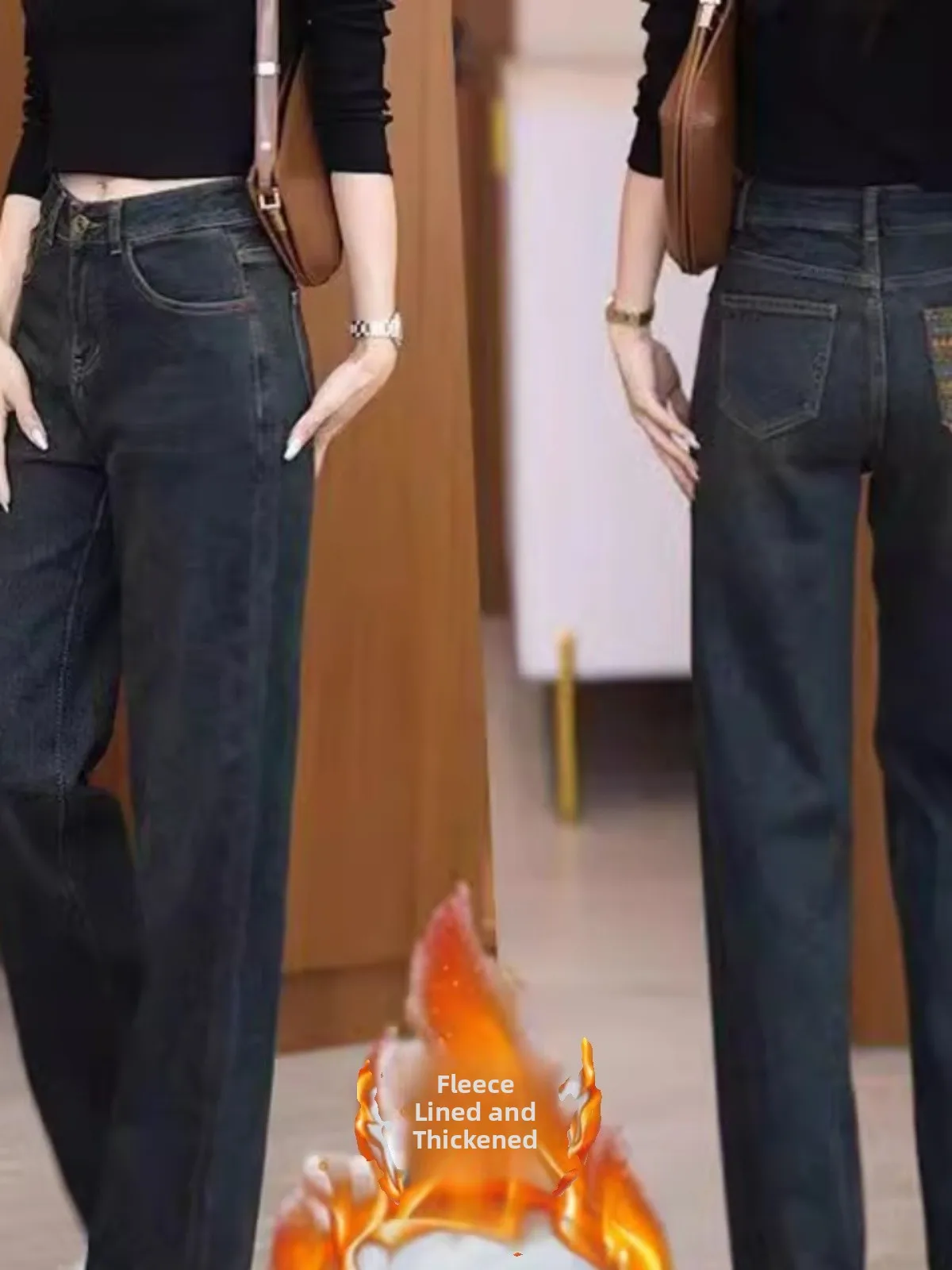 

High Waist Wide Leg Thickened Fleece Straight Leg Jeans Women's Premium Denim Trousers Autumn Winter New Style plus Size